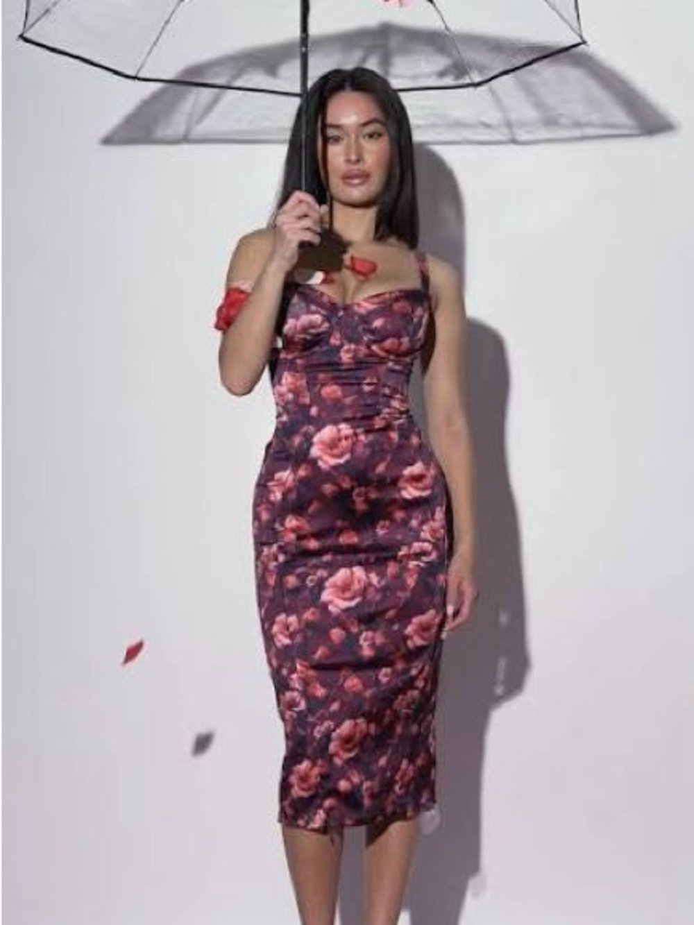 Ta3 WINE FLORAL LUSHY STRECH SATIN MIDI DRESS